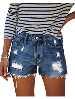 HOCAIES Women's Juniors Jean Shorts Frayed Raw Hem Ripped Denim Shorts for Women