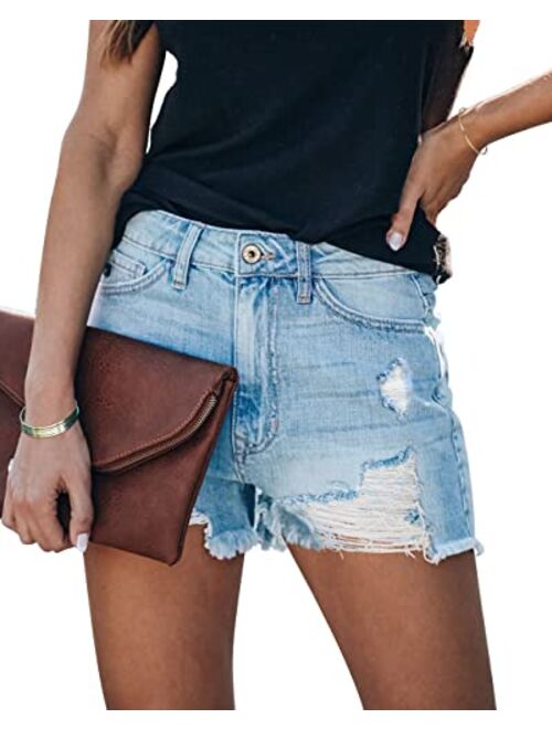 HOCAIES Women's Juniors Jean Shorts Frayed Raw Hem Ripped Denim Shorts for Women