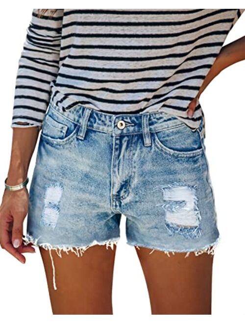 HOCAIES Women's Juniors Jean Shorts Frayed Raw Hem Ripped Denim Shorts for Women