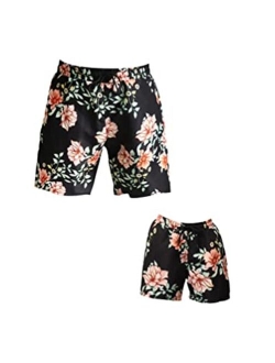 OMZIN Father and Son Swim Trunks Drawstring Elastic Waist Beach Shorts with Pockets