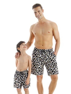 OMZIN Father and Son Swim Trunks Drawstring Elastic Waist Beach Shorts with Pockets