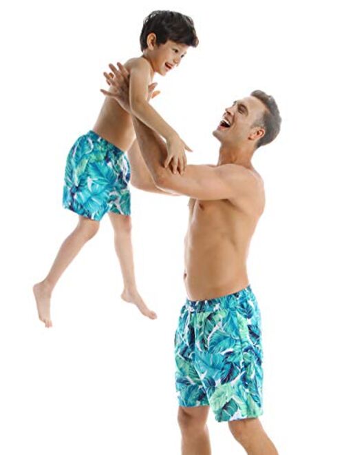 OMZIN Father and Son Swim Trunks Drawstring Elastic Waist Beach Shorts with Pockets