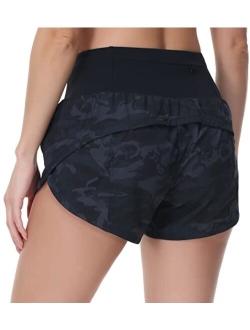 Womens High Waisted Running Shorts Quick Dry Athletic Workout Shorts with Mesh Liner Zipper Pockets