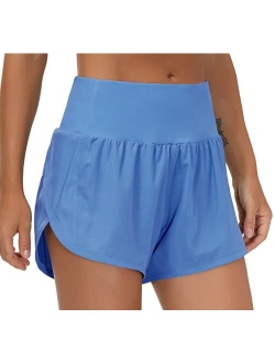 Womens High Waisted Running Shorts Quick Dry Athletic Workout Shorts with Mesh Liner Zipper Pockets