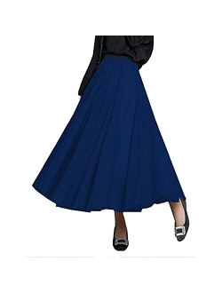 FEOYA Womens Long Tulle Skirt Pleated A Line Layered Tutu Skirt High Waist Elastic Mesh Flowy Maxi Skirt for Wedding Party