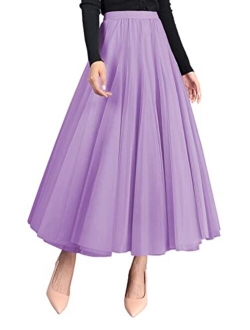 FEOYA Womens Long Tulle Skirt Pleated A Line Layered Tutu Skirt High Waist Elastic Mesh Flowy Maxi Skirt for Wedding Party