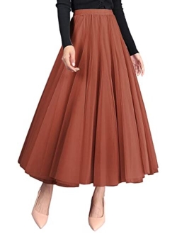 FEOYA Womens Long Tulle Skirt Pleated A Line Layered Tutu Skirt High Waist Elastic Mesh Flowy Maxi Skirt for Wedding Party