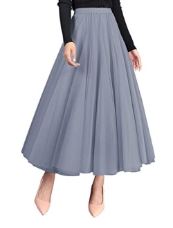 FEOYA Womens Long Tulle Skirt Pleated A Line Layered Tutu Skirt High Waist Elastic Mesh Flowy Maxi Skirt for Wedding Party