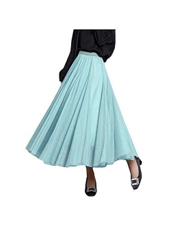 FEOYA Womens Long Tulle Skirt Pleated A Line Layered Tutu Skirt High Waist Elastic Mesh Flowy Maxi Skirt for Wedding Party