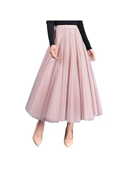 FEOYA Womens Long Tulle Skirt Pleated A Line Layered Tutu Skirt High Waist Elastic Mesh Flowy Maxi Skirt for Wedding Party