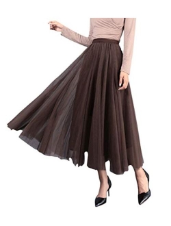 FEOYA Womens Long Tulle Skirt Pleated A Line Layered Tutu Skirt High Waist Elastic Mesh Flowy Maxi Skirt for Wedding Party