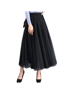 FEOYA Womens Long Tulle Skirt Pleated A Line Layered Tutu Skirt High Waist Elastic Mesh Flowy Maxi Skirt for Wedding Party