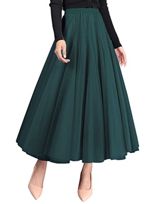 FEOYA Womens Long Tulle Skirt Pleated A Line Layered Tutu Skirt High Waist Elastic Mesh Flowy Maxi Skirt for Wedding Party