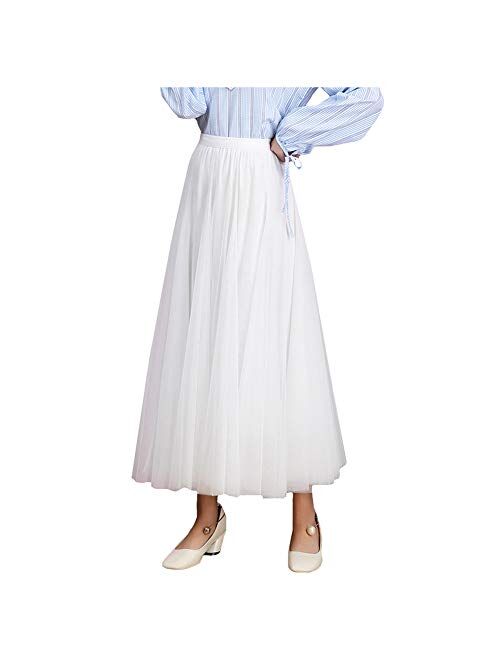 FEOYA Womens Long Tulle Skirt Pleated A Line Layered Tutu Skirt High Waist Elastic Mesh Flowy Maxi Skirt for Wedding Party