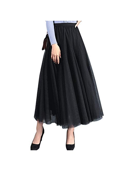 FEOYA Womens Long Tulle Skirt Pleated A Line Layered Tutu Skirt High Waist Elastic Mesh Flowy Maxi Skirt for Wedding Party