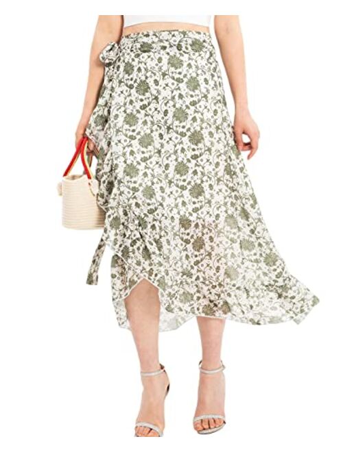 ThCreasa Womens Boho Floral Print High Waisted Wrap Skirts Ruffle Hem Tie Knot Summer Chiffon Flowy Midi Skirts