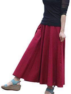 Soojun Women's Solid Cotton Linen Retro Vintage A-line Long Flowy Skirts