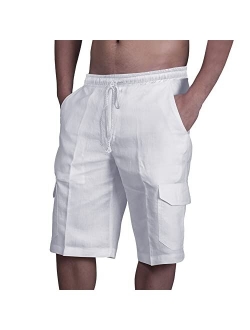 Come Wonka Men's Cargo Shorts Linen Casual Loose Cargo Shorts Elastic Waist Drawstring Summer Beach Shorts with Pockets