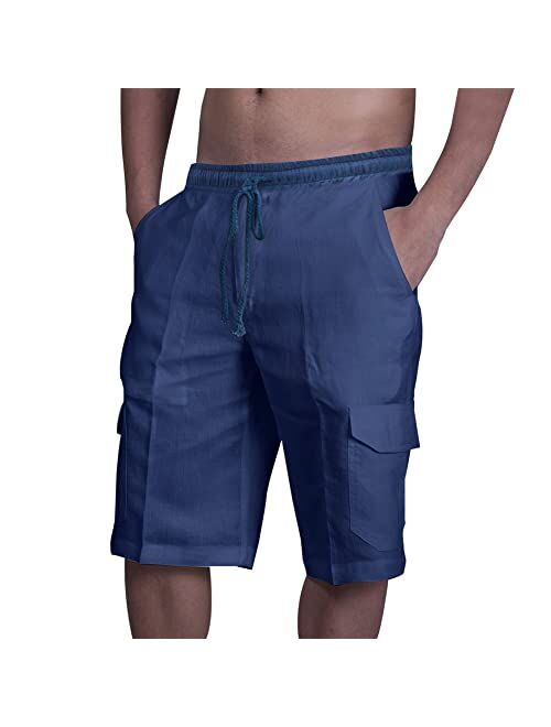 Come Wonka Men's Cargo Shorts Linen Casual Loose Cargo Shorts Elastic Waist Drawstring Summer Beach Shorts with Pockets