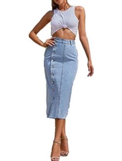 ELSTAROA Women's Casual High Waisted Solid Button Up Denim Jean Skirt