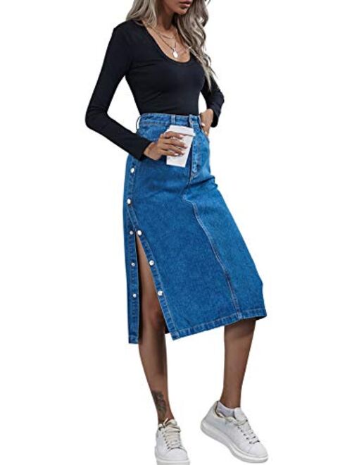 ELSTAROA Women's Casual High Waisted Solid Button Up Denim Jean Skirt