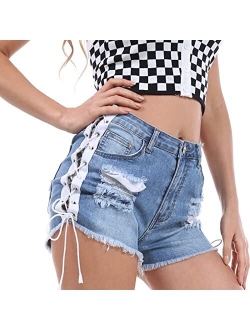 Sexynite Womens Sexy Ripped Hole Denim Shorts Lace Up Jeans Hot Pants Rave Clothes Night Club