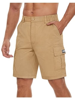 TACVASEN Men's Flat Shorts with Pockets Summer Casual Cotton Cargo Work Shorts Elastic Waist