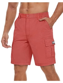 TACVASEN Men's Flat Shorts with Pockets Summer Casual Cotton Cargo Work Shorts Elastic Waist