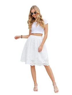 Love Welove Fashion Women's Summer Cotton A-line Flared Embroidered Knee Length with Lining Knee Length Skirt