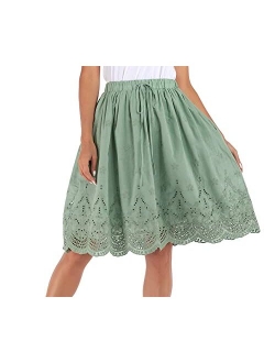 Love Welove Fashion Women's Summer Cotton A-line Flared Embroidered Knee Length with Lining Knee Length Skirt