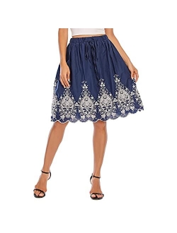 Love Welove Fashion Women's Summer Cotton A-line Flared Embroidered Knee Length with Lining Knee Length Skirt