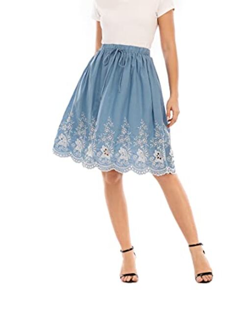 Love Welove Fashion Women's Summer Cotton A-line Flared Embroidered Knee Length with Lining Knee Length Skirt