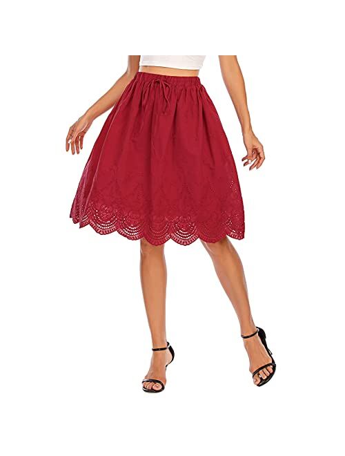 Love Welove Fashion Women's Summer Cotton A-line Flared Embroidered Knee Length with Lining Knee Length Skirt