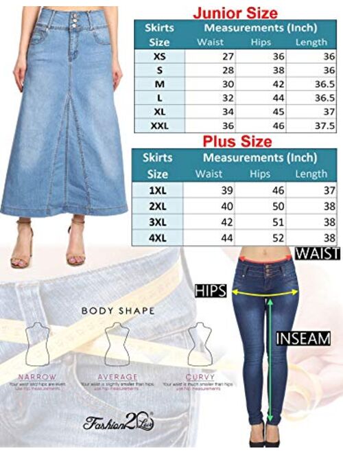 Fashion2love Women's Plus/Juniors Size High Rise A Line Long Jeans Maxi Flared Denim Skirt