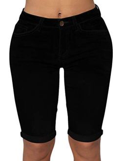 roswear Womens Mid Rise Roll Cuff Bermuda Stretch Denim Jean Shorts