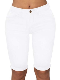 roswear Womens Mid Rise Roll Cuff Bermuda Stretch Denim Jean Shorts