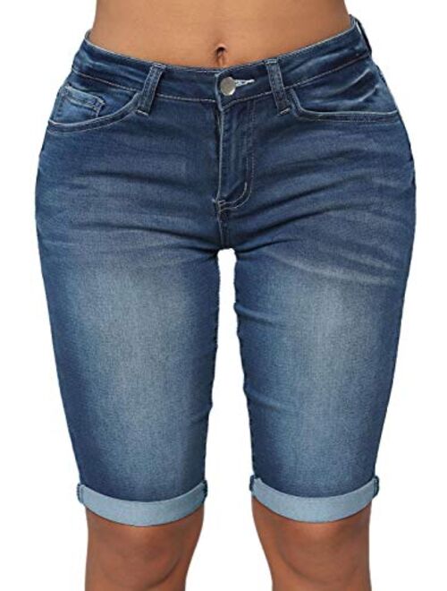 roswear Womens Mid Rise Roll Cuff Bermuda Stretch Denim Jean Shorts