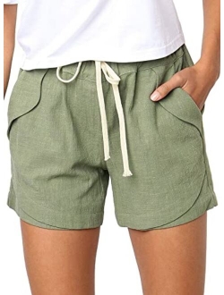 Womens Casual Drawstring Elastic Waist Comfy Cotton Linen Shorts