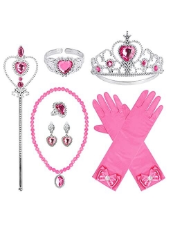 Cocojeci Princess Dress Up Party Accessories for Princess Jewelry Costume Gloves Tiara Wand Necklace Earrings Bracelet and Ring Gift Set 9pcs