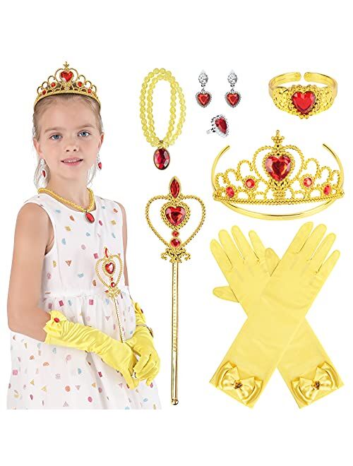 Cocojeci Princess Dress Up Party Accessories for Princess Jewelry Costume Gloves Tiara Wand Necklace Earrings Bracelet and Ring Gift Set 9pcs