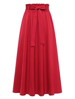 BeryLove Women's Satin Elastic High Waist Pleated A-Line Swing Skirt