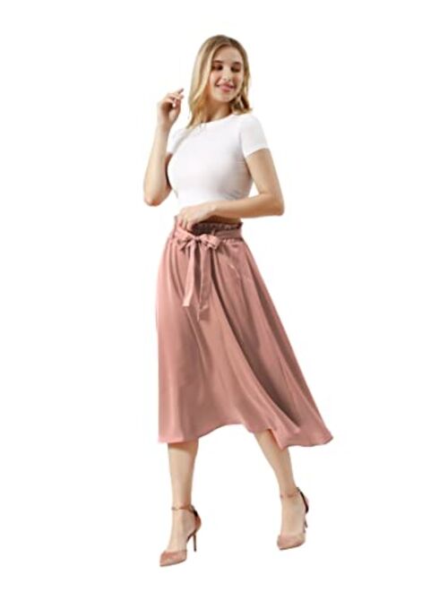 BeryLove Women's Satin Elastic High Waist Pleated A-Line Swing Skirt