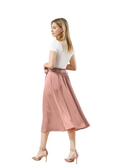 BeryLove Women's Satin Elastic High Waist Pleated A-Line Swing Skirt