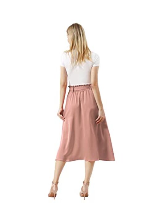 BeryLove Women's Satin Elastic High Waist Pleated A-Line Swing Skirt