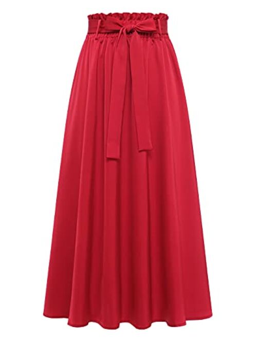 BeryLove Women's Satin Elastic High Waist Pleated A-Line Swing Skirt