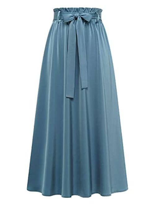 BeryLove Women's Satin Elastic High Waist Pleated A-Line Swing Skirt