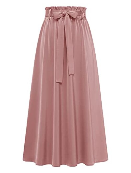 BeryLove Women's Satin Elastic High Waist Pleated A-Line Swing Skirt