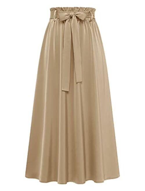 BeryLove Women's Satin Elastic High Waist Pleated A-Line Swing Skirt