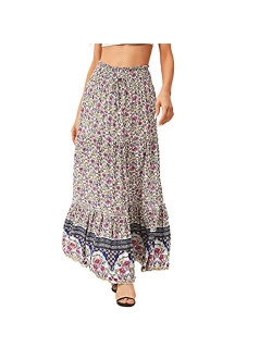 American Trends Womens Boho Skirt for Women Floral A Line Midi Skirt Ruffle High Waist Swing Maxi Dresses