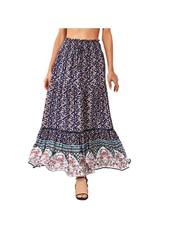 American Trends Womens Boho Skirt for Women Floral A Line Midi Skirt Ruffle High Waist Swing Maxi Dresses